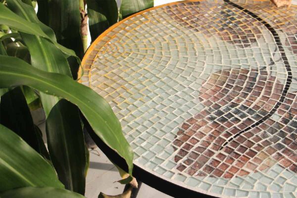 Bàn trà tròn kính mosaic MT0027C cam nâu