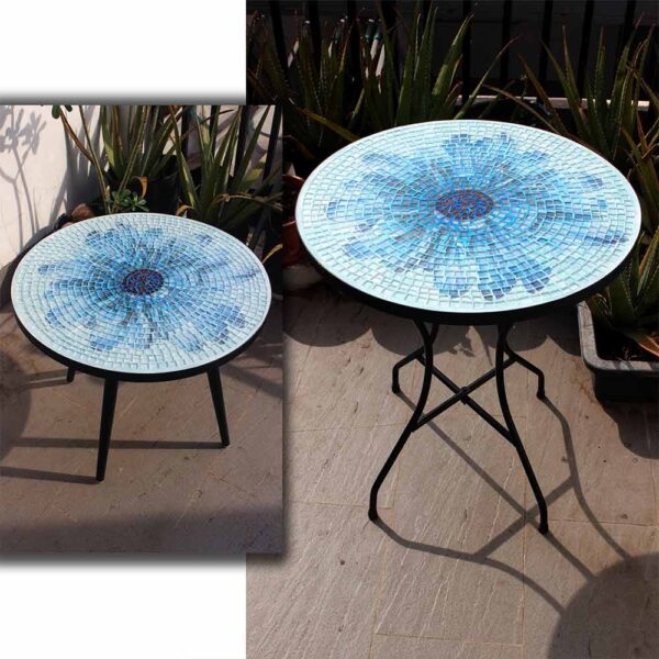 Bàn tròn kính mosaic MT0033E xanh dương