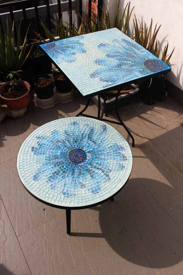 Bàn tròn kính mosaic MT0033E xanh dương