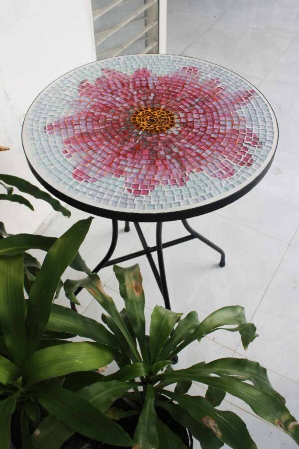 Bàn tròn kính mosaic MT0033H hồng