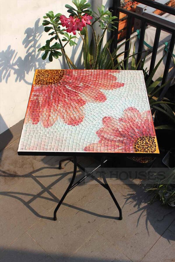 Bàn vuông kính mosaic MT0034B đỏ cam