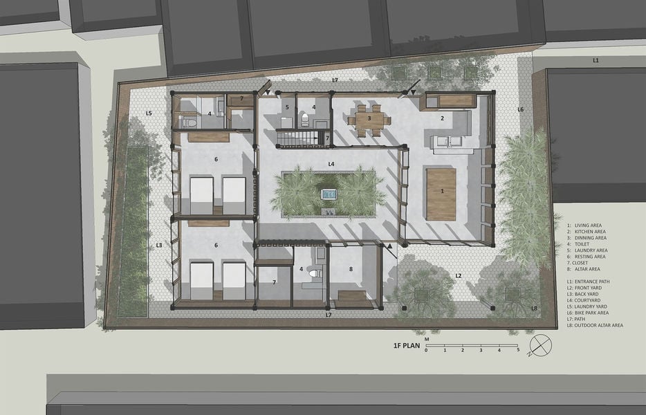 tất cả quay mặt vào nhau và ôm lấy một sân trong ở tầng trệt